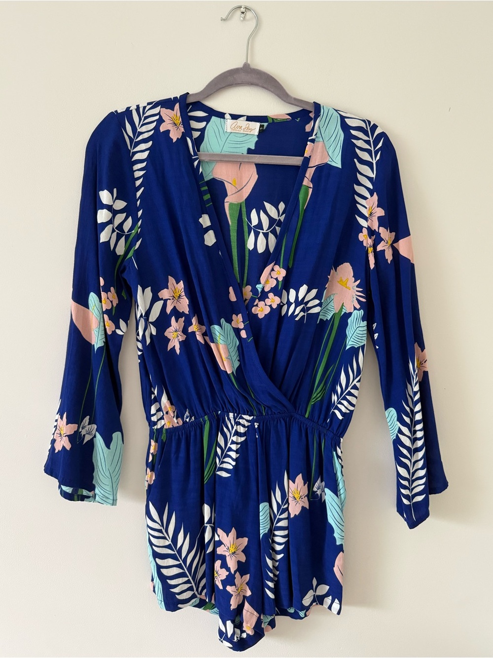 Ava Sky Navy Floral Wrap-Front Romper with Pink & Mint Accents